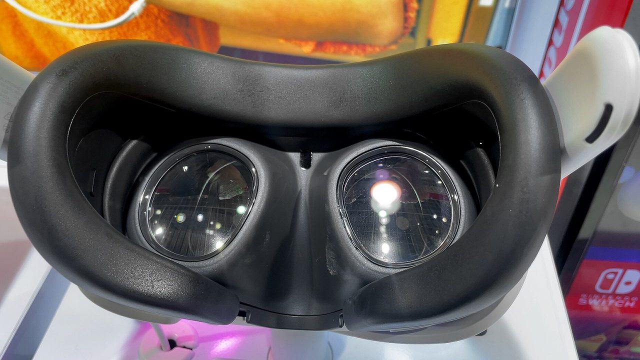 Inside of a Meta Quest 3 headset showing its two lenses and face cushion