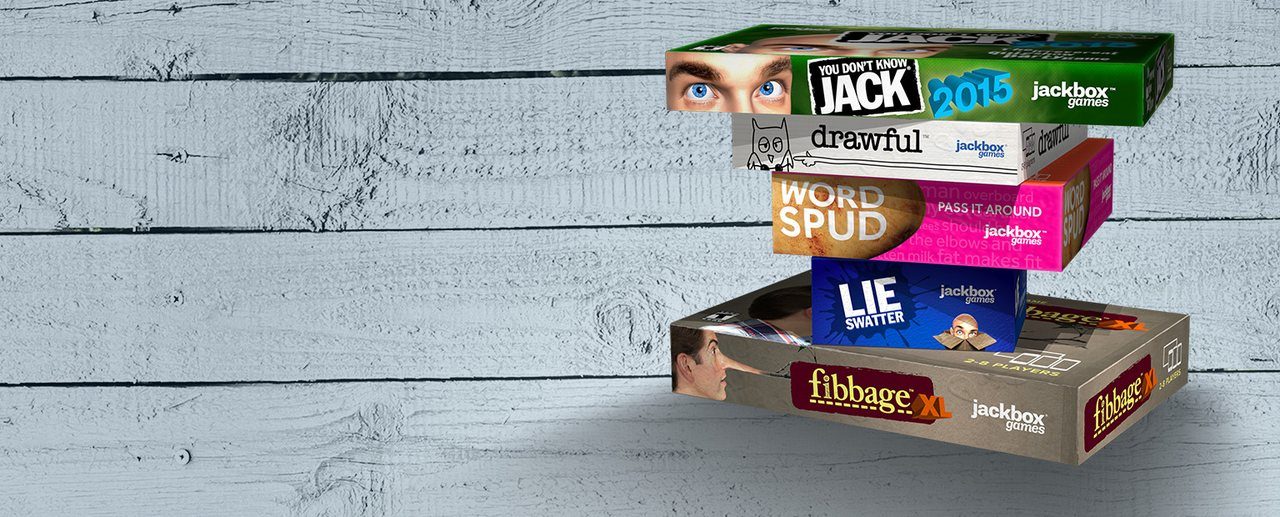 Key art for The Jackbox Party Pack, a collection of phone-controlled party games