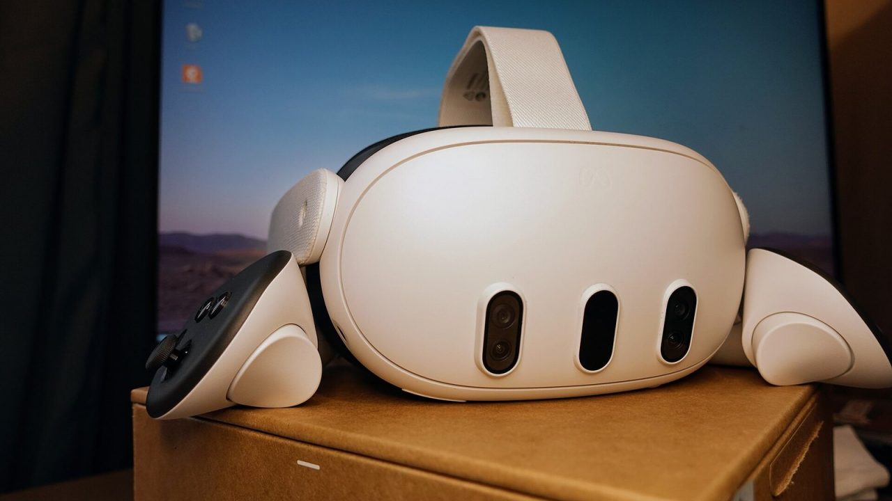 Front view of a white Meta Quest 3 headset showing its cameras and sensors