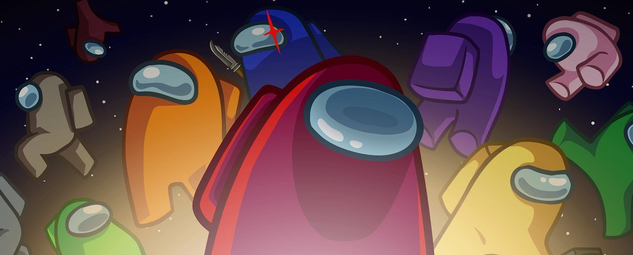 Key art for the social deduction game Among Us with colorful crewmates