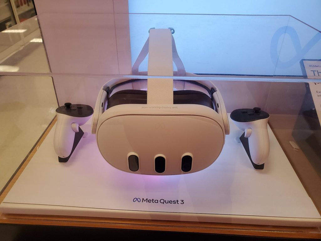 Meta Quest 3 standalone headset on a retail display stand