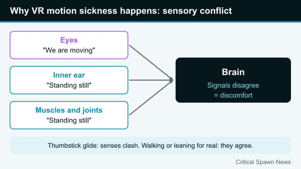 Diagram: eyes report movement while inner ear and muscles report standing still, and the brain registers the mismatch