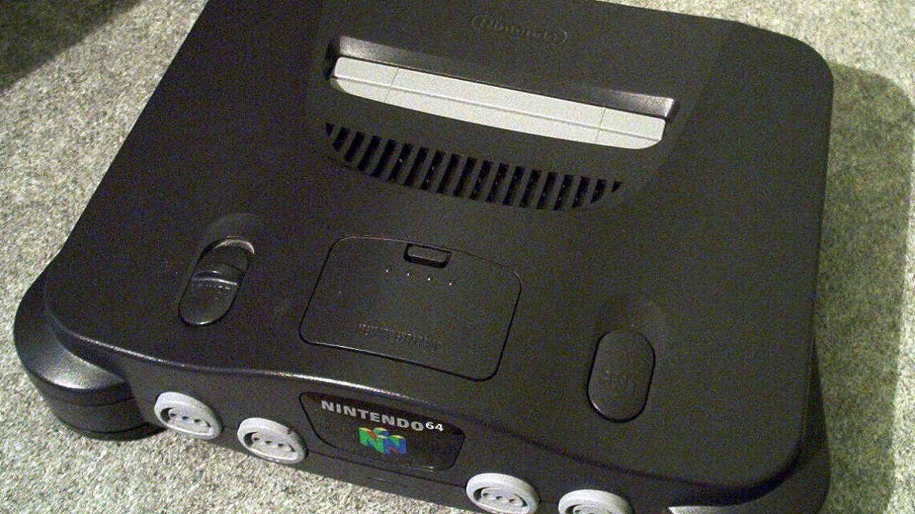 Nintendo 64 console seen from the front with its four controller ports